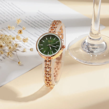 Elegant Rose Gold Women's Watch, Green Sunburst Dial, Bamboo Link Bracelet, Fashion Quartz Wristwatch for Ladies, Daily Wear Gif
