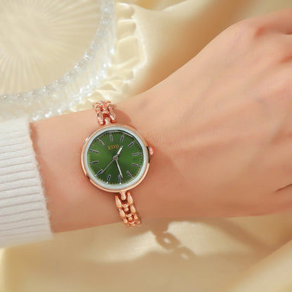 Elegant Rose Gold Women's Watch, Green Sunburst Dial, Bamboo Link Bracelet, Fashion Quartz Wristwatch for Ladies, Daily Wear Gif