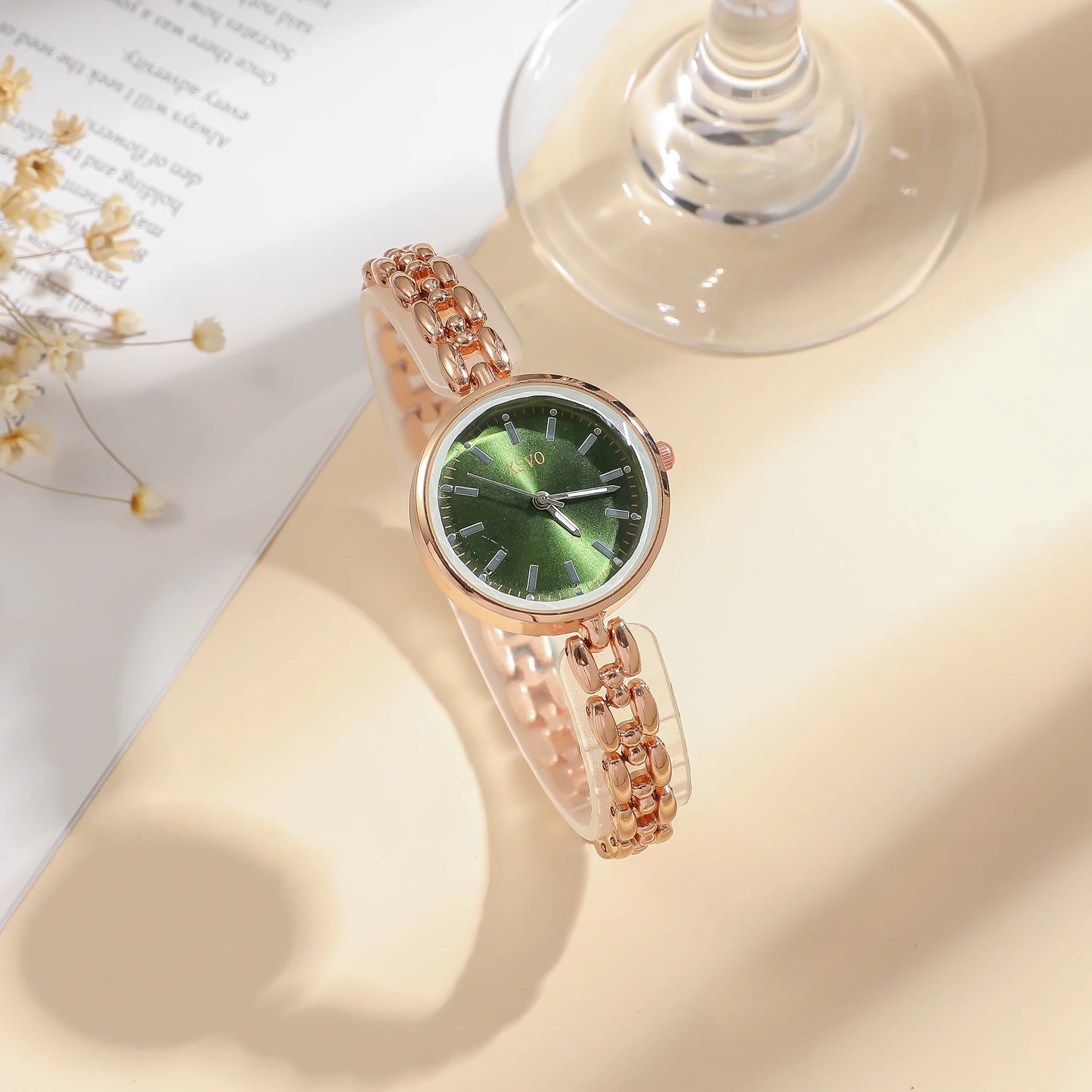 Elegant Rose Gold Women's Watch, Green Sunburst Dial, Bamboo Link Bracelet, Fashion Quartz Wristwatch for Ladies, Daily Wear Gif